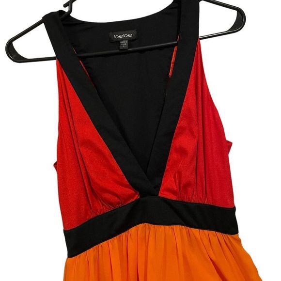 Bebe Orange Black Red Asymmetric High Low Cutout Geometric Colorblock Mini Dress - Picture 2 of 9